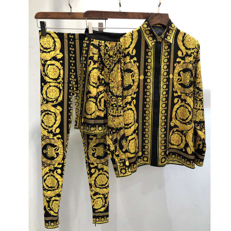 

[DEAT] summer women printed vintage styles two pieces set vacation clothing turn-down collar shirt and skirt pants 210709