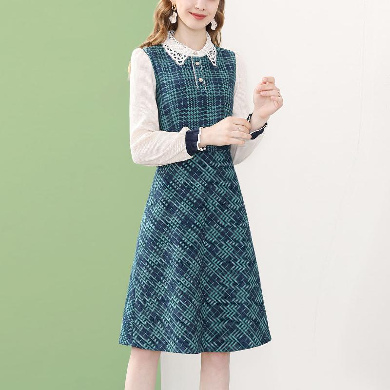 

Casual Dresses ONLY PLUS Vintage Women Blue Plaid Potchwork Long Sleeve Causal A-Line Elegant For Woman Vestidos 2021