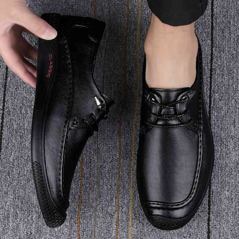 

dress shoes 2021 genuine leather men's casual moccasins men loafers spring autumn fashion sneakers male lace-up leisure walk pzj2, Black