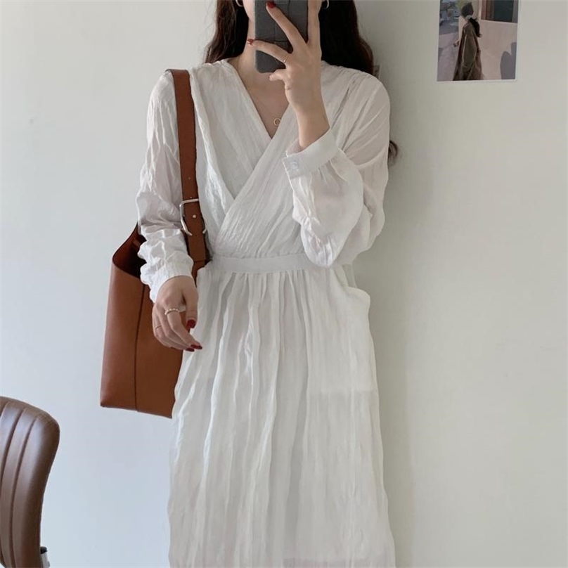 

Women French Retro Pleated Dress V-Neck Solid Long Lazy Style Gentle Elegant Chic Female Fashion Clothe 210525, Black
