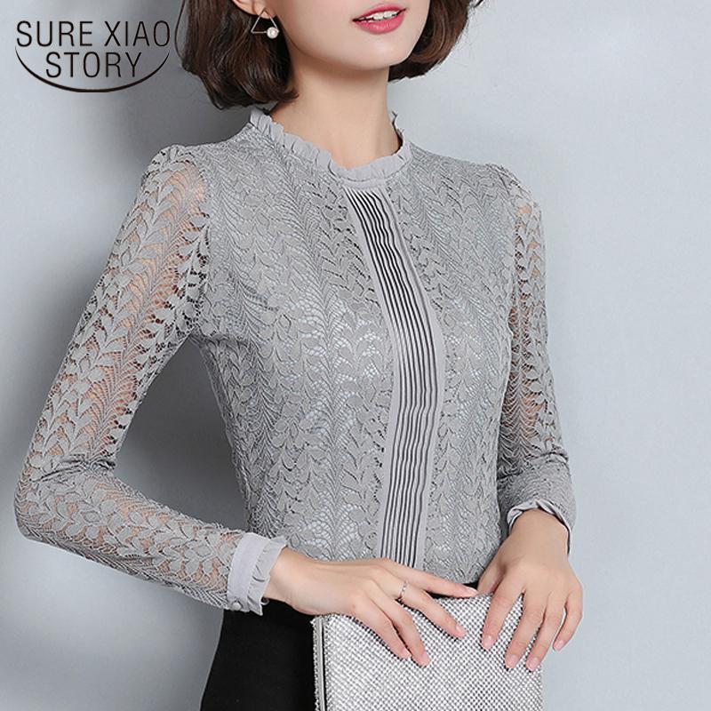 

New Fashion Lace Women Blouse Shirt Long Sleeve Slim Gray Women Clothes Plus Size Hollow Out Chemise FemmeC903 30