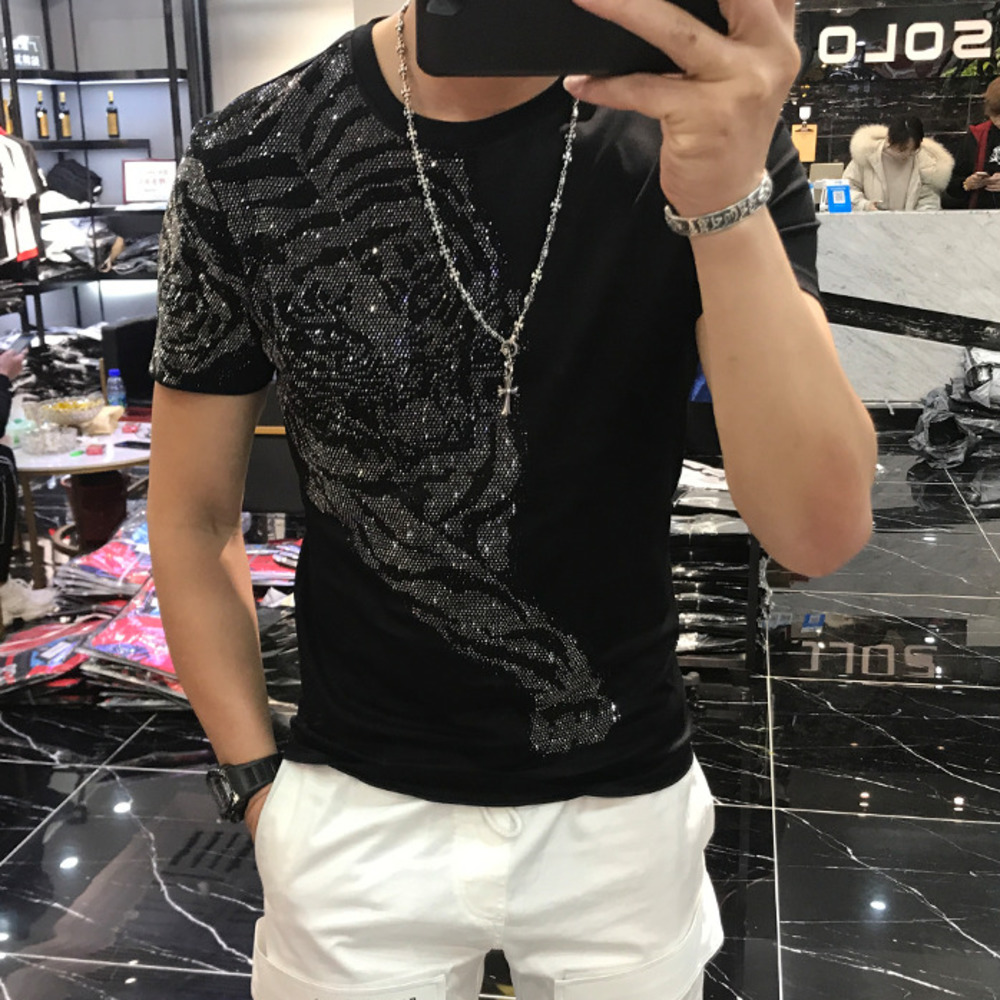 

New 2021 Streetwear Shirt Homme Camiseta Masculina Funny t Shirts Male Top Tee Personality Tiger Hot Diamond Printing Tshirt Men Zwlw, Black