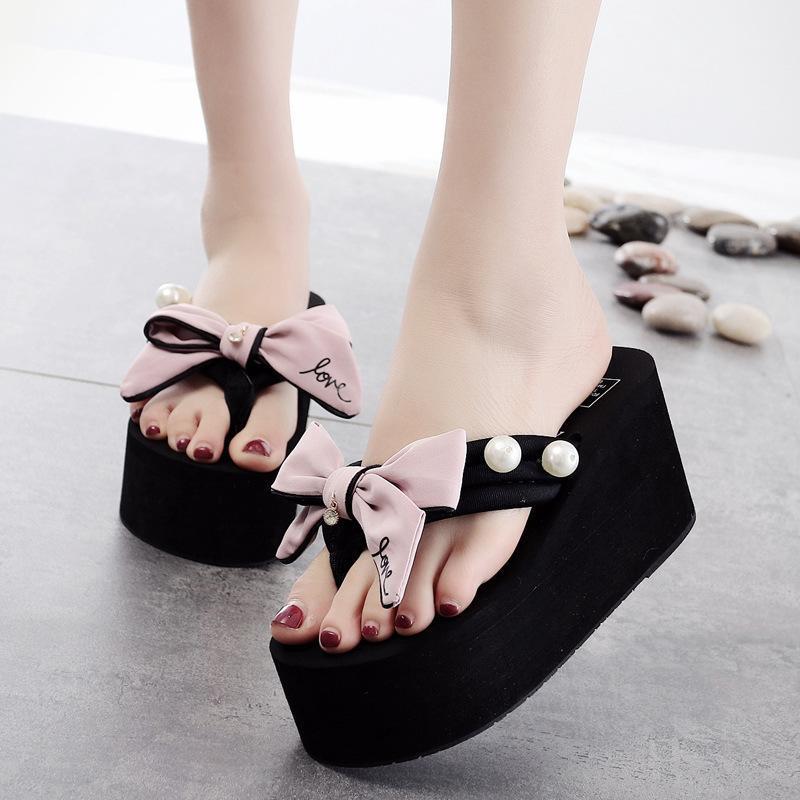 

Slippers Sandalias Mujer Big Bow Flip Flops Women High Heels Summer Wedges Sweet Pink Platform Sandals Flower Beading 3538, Black