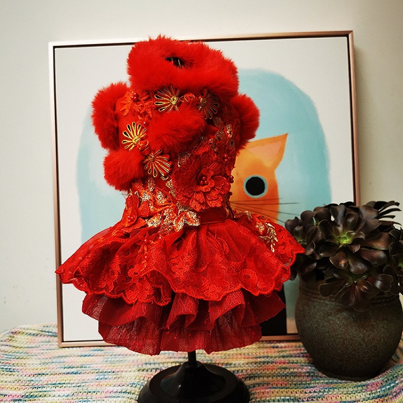 

Free Shipping Handmade Dog Clothes Pet Coat Red Festival Dress Fur Collar Warm Maltese Yorkie Poodle, As picture