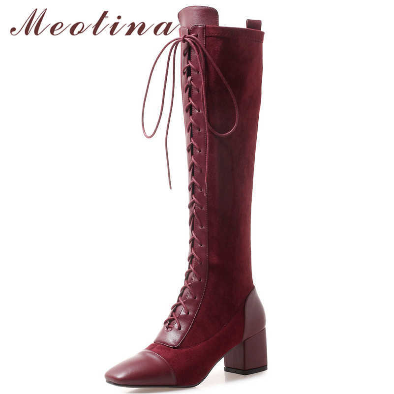 

Meotina Autumn Knee High Boots Women Natural Genuine Leather Thick High Heel Long Boots Lace Up Square Toe Shoes Lady Size 3-10 210608, Black