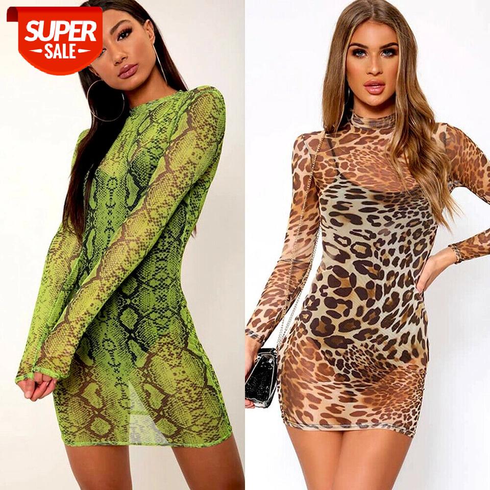 

2019 Newest Summer Women's Snake Leopard Print Bodycon Sheer Mesh Dress Party Club Mini Dresses Sundress #Jp8m, Black;gray