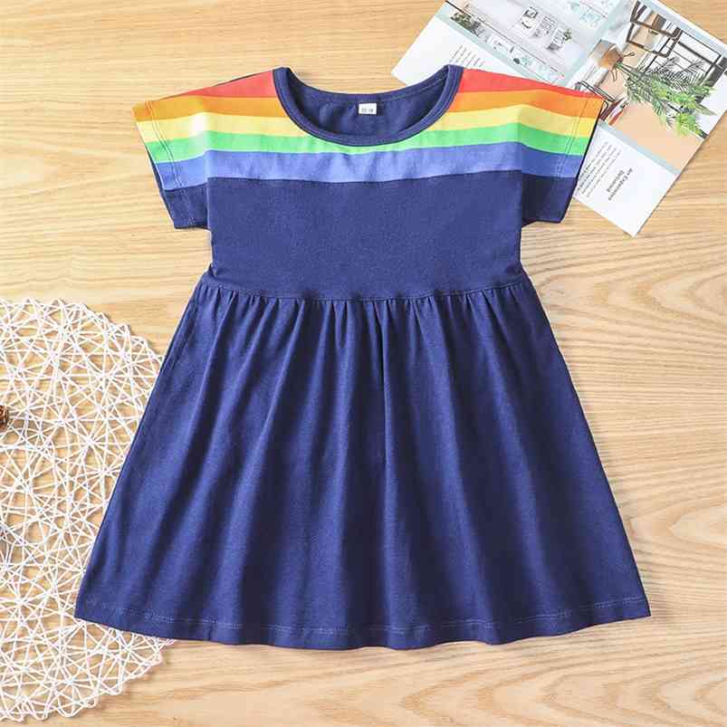 

Summer Girls Dress Cute Short Sleeve O Neck Muti Striped Patchwork Vestidos 2-6T 210629, Blue