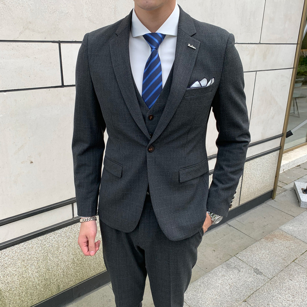 

Irregular Striped Pieces Set Male 2021 Business Professional Groom Wedding Costume Homme Mariage Suit P4ny, Dark grey