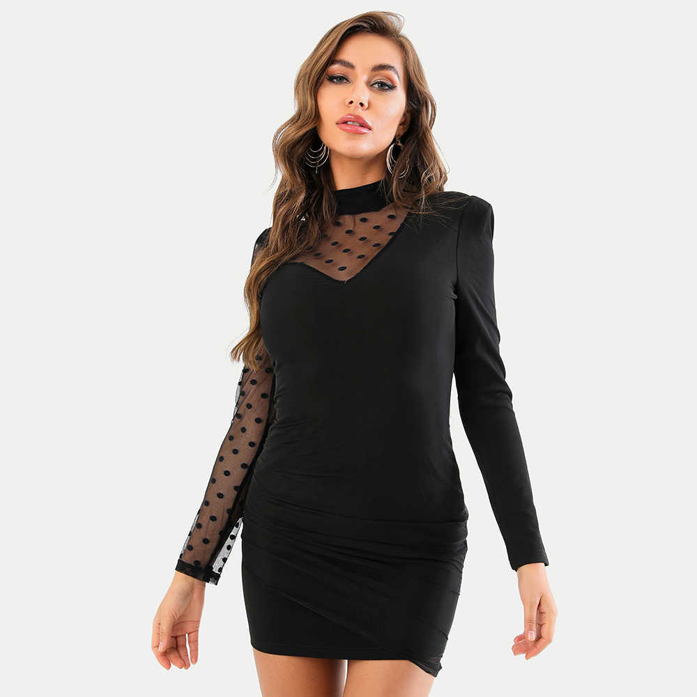 

Ocstrade Sexy Mesh Dots Strapless Bodycon Dress Autumn Winter Women Long Sleeve Black Club Night Party 210527, Blue