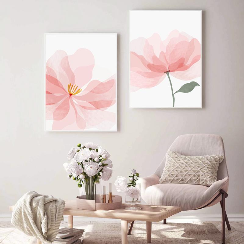 

Paintings Pink Floral Green Leaves Poster Abstract Flower Wall Art Nordic Canvas Painting Modern Print Picture For Living Room Home Decor