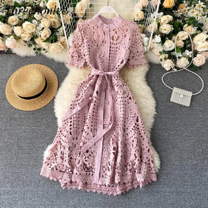 

Big Girls Lace dresses fashion kids hollow flowers short sleeve dress women summer clothing A7980, White