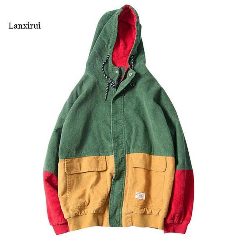 

Color Block Patchwork Corduroy Hooded Jackets Men Hip Hop Zipper Up Hoodies Coats Male Casual Streetwear Outerwear X0621, Dark green