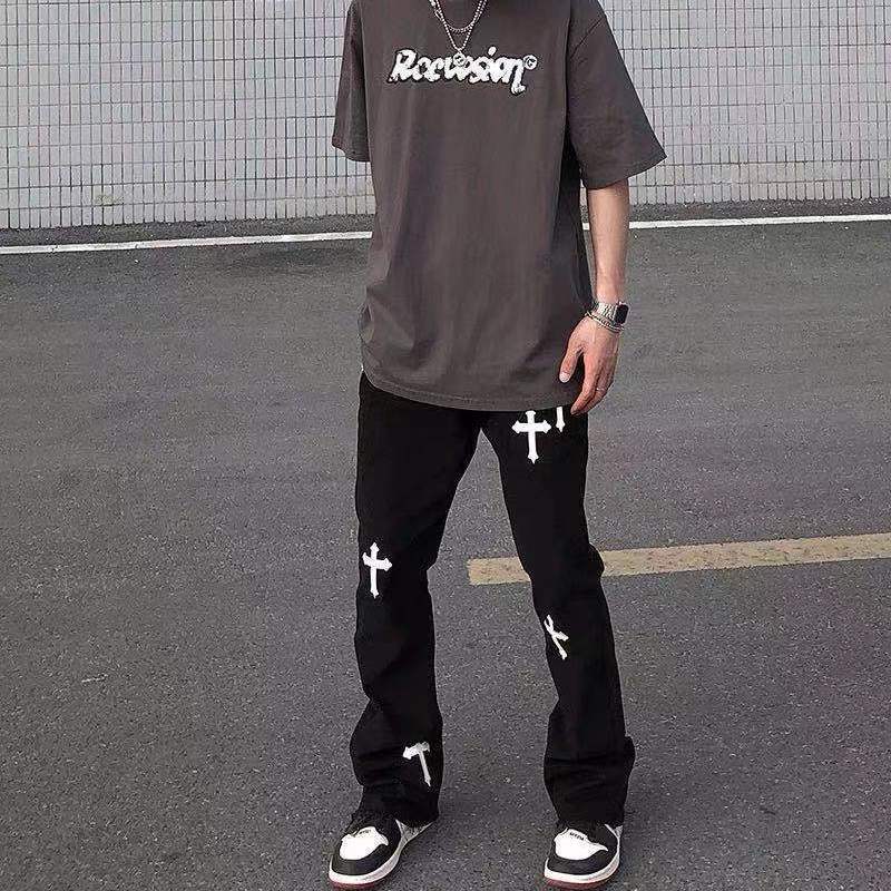 

Chrome/Hearts High street loose casual vibe long men's hip hop embroidered cross micro flared pants, 206
