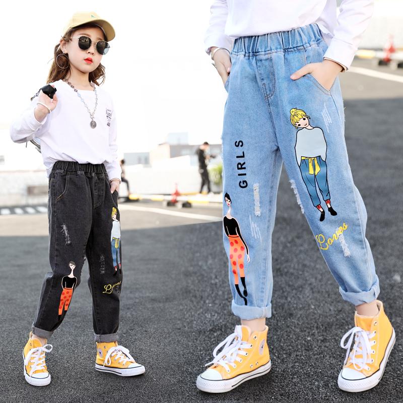 

Jeans Cartoon Print For Girls Teenage Children Elastic Waist Denim Pants Kids Trousers Clothes 4-13T, Black