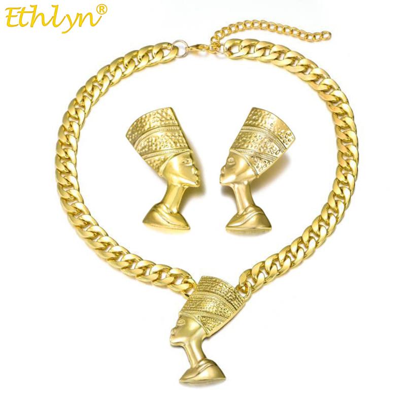 

Earrings & Necklace Ethlyn Egypt Design Gold Color Egyptian Queen Nefertiti Two-pcs Jewelry Sets Statement Cuban Thick Chain Pendant MY271, As pic