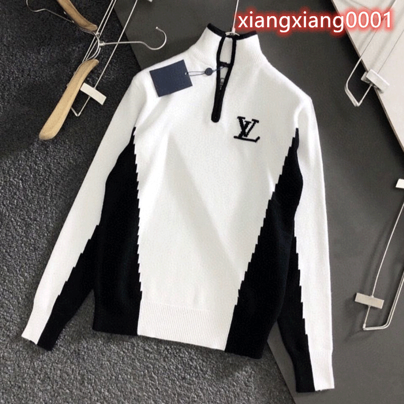 

2021 autumn/winter new half turtleneck men's Sweaters trend black and white stitch knit hoodie coatLVLouisVittonYSLVUTTON