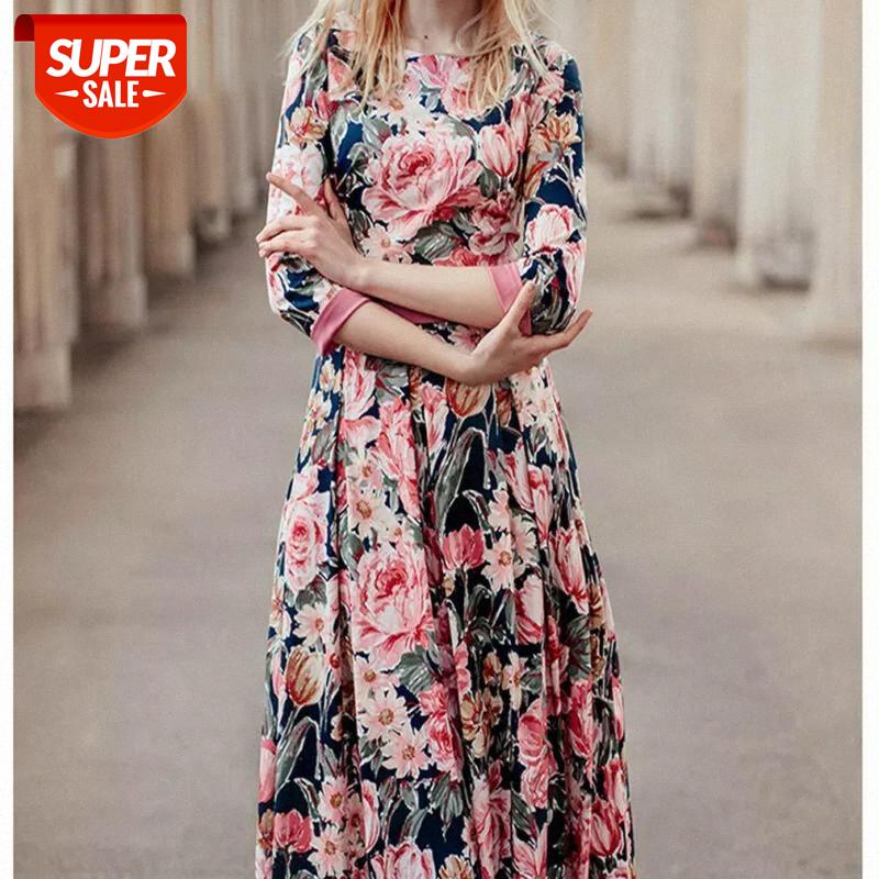 

Autumn Womens Back v NECK Maxi Dress Vintage Female Bohemian Floral Printed Dress High Waist Wirst Floor stylish Elegance #Op3U, Black;gray