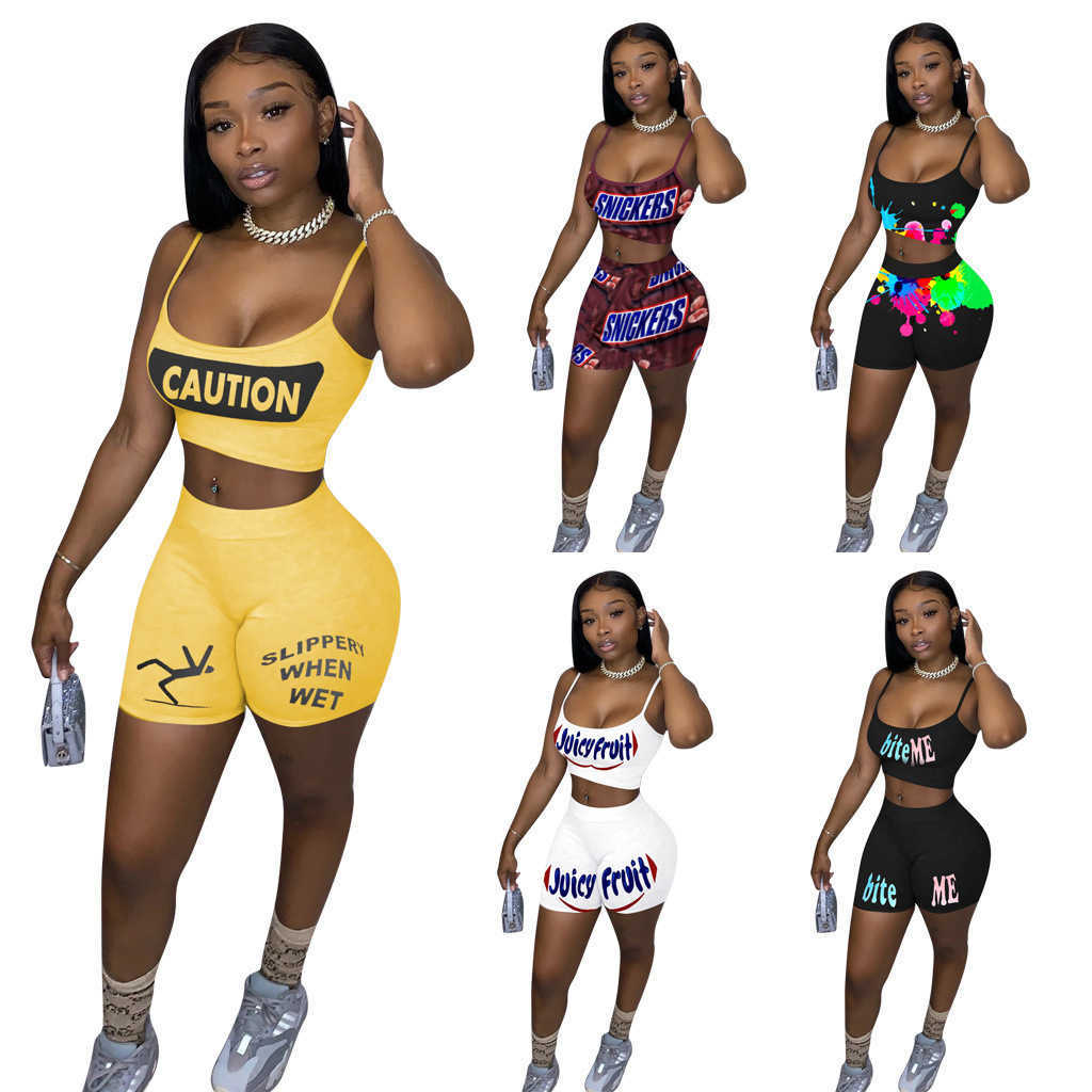

Women Tracksuits Shorts Two Pieces Set Designer Letters Printing Suspender Top Pants Sports Suit Ladies Outfits 5 Colours, 01 yellow