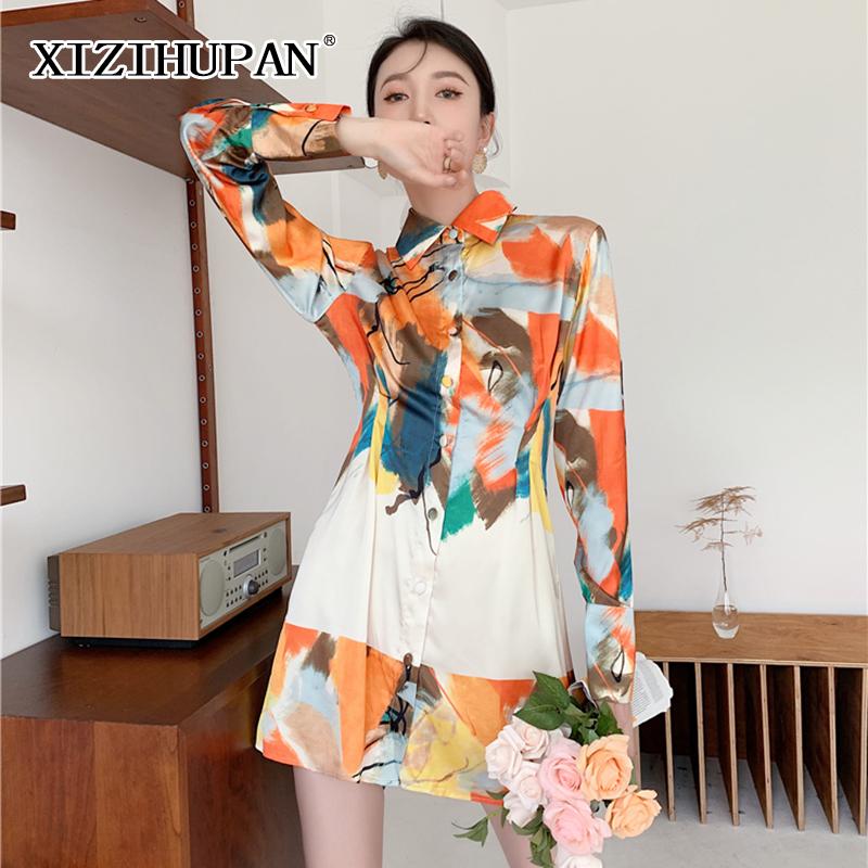 

Casual Dresses XIZIHUPAN Colorblock Temperament Summer Dress For Women Lapel Long Sleeve Floral Print Mini Shirt Females 2021 Clothing, Aspicture