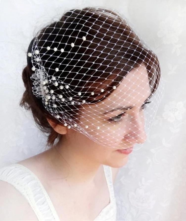 

Bridal Veils White Wedding Veil Pearls Birdcage Two Comb Net Mask Face Hair Jewelry Accessories For The Bride 2021