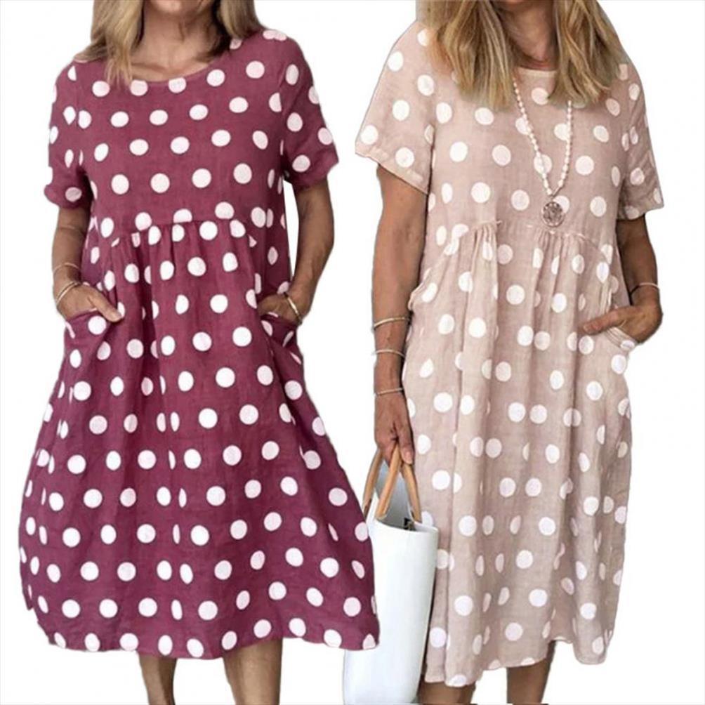 

casual o neck short sleeve womens dresses polka dots print pockets large hem midi dress, Black;gray
