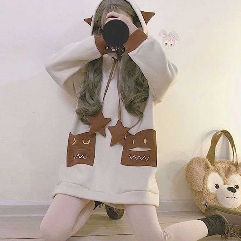 

Autumn and winter plus velvet thick hooded Japanese cute ear hoodies female Korean version of the small loose mid-length co 210526, Apricot