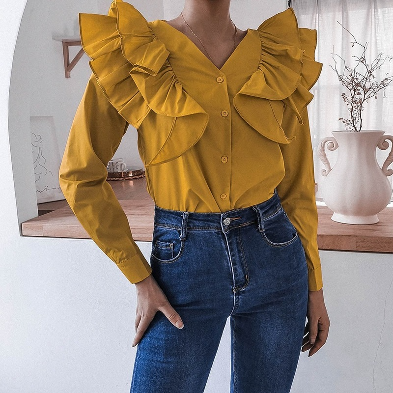 

Ins Wind Real Shot Autumn and WinterLong-sleeved Ruffled Shirt Independent Station Women's Clothing, White