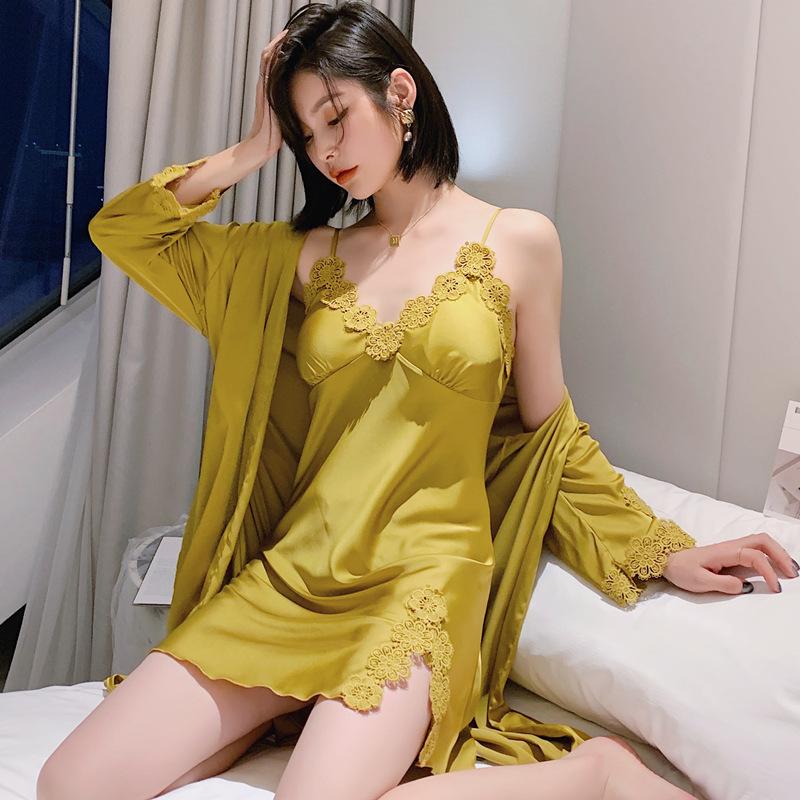 

Femme Spring Summer Silk Satin Nightgown With Chest Cushion Suits 2PCs New Collection Suspender Above Knee Nightdress Lace Sexy, Style2 red