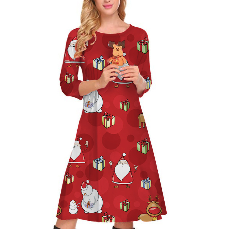 

Christmas print dress, round neck, three-quarter sleeves, loose women, Black;gray