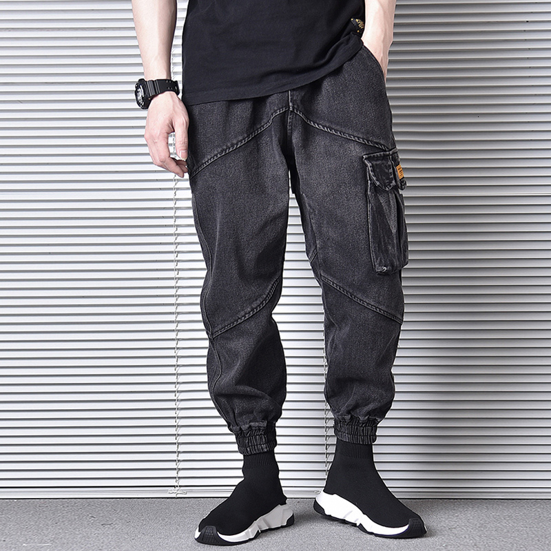 

2021 New Japanese Vintage Fashion Loose Fit Multi Pockets Denim Cargo Pants Harem Trousers Streetwear Hip Hop Jeans Men Joggers 89s4, Blue
