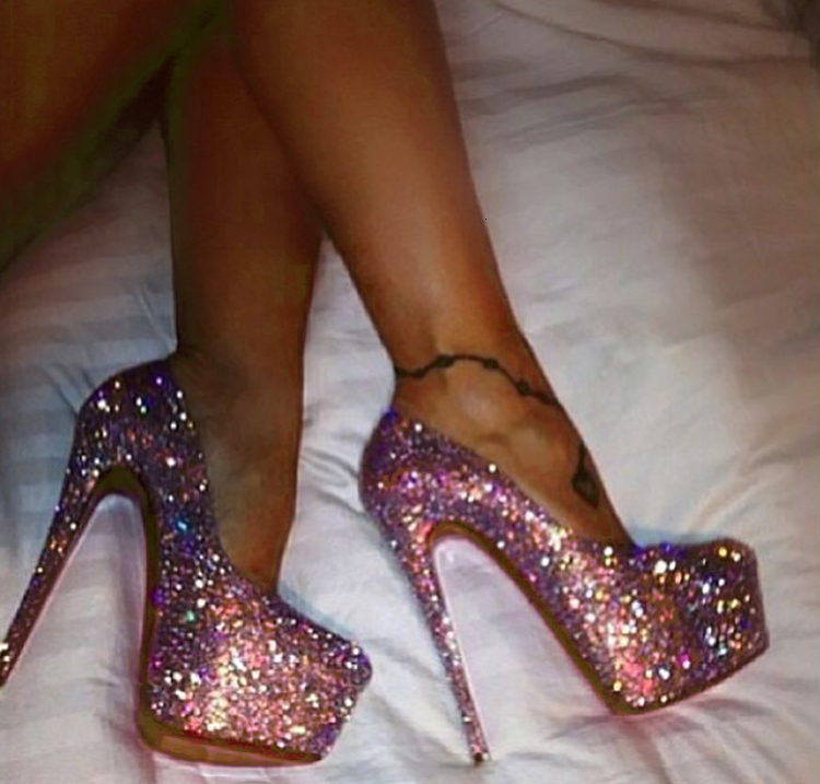 Chaussures de robe Laigzem Sexy Women Heels Bling Soirée Party Club Pompes Pumelles Pinquine Rose Haute Femme Tacones Mujer Grande taille 34-52 2