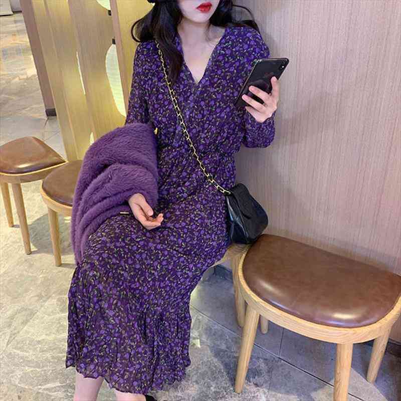 

purple printed fishtail dress womens spring and autumn v-neck chiffon maxi dress woman vestido de mujer femme robe, Black;gray
