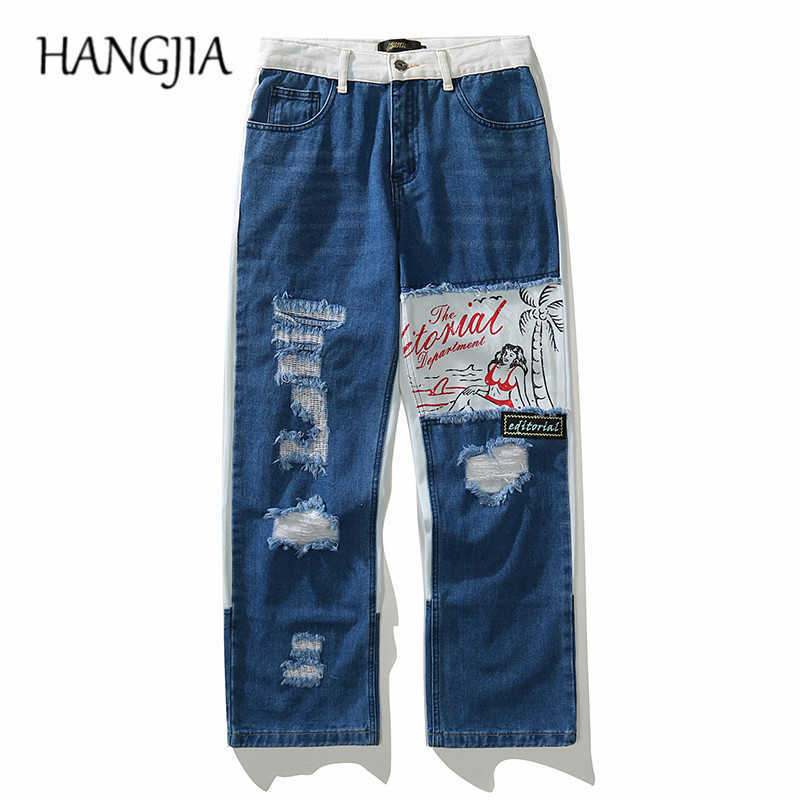 

Streetwear Beach Beauty Jeans Men Blue Hip Hop Distressed Ripped Denim Jeans Washed Destroyed Patch Straight Denim Trousers C0607