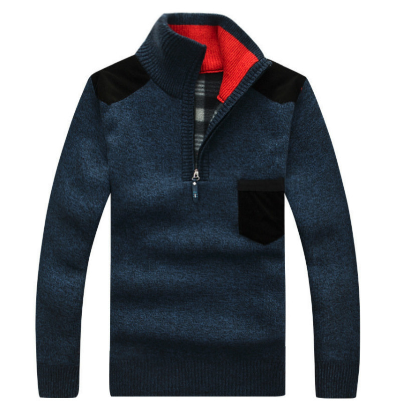 

2021 New Winter Men's Turtleneck Sweater Half Zip Fleece Knitted Wool Pullover Long Sleeve Pocket Casual Male Thick Clothing for Autumn 9y8p, Red