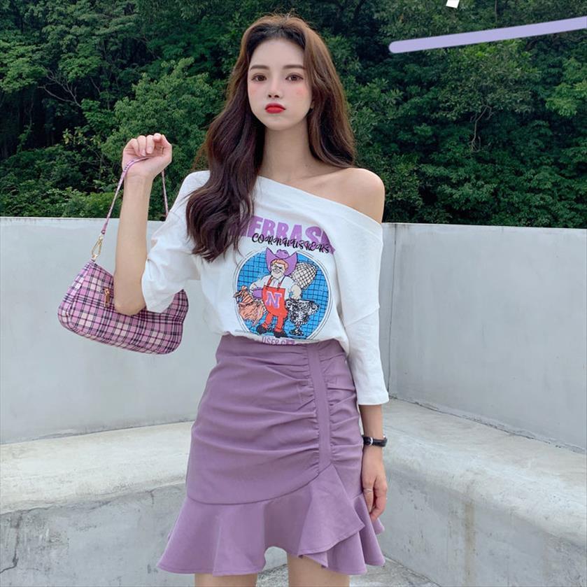 

suit summer fashion korean student womens tracksuits loose t shirt show thin half skirt sets of net red ins, Gray