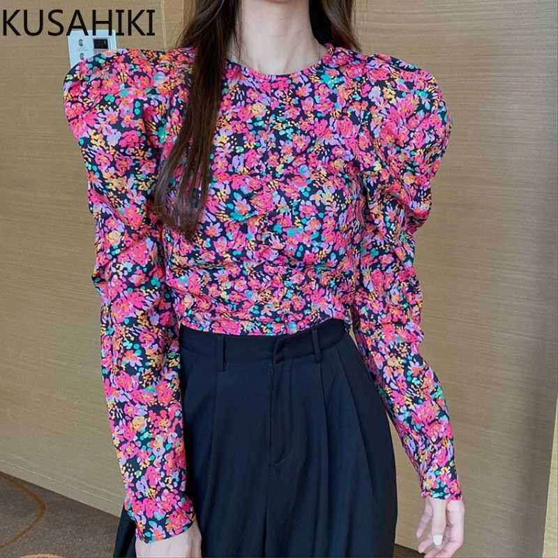

Vintage Elegant Floral Blouses Spring Women Tops Korean O-neck Puff Long Sleeve Blusas Shirt 6E960 210603, Red