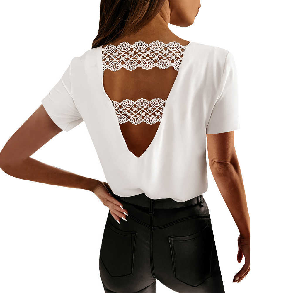 

Sexy Lace Patchwork Backless Women T-shirts Summer Short Sleeve Casual Party Tshirts Elegant V Neck Office Lady Loose White Tops 210526