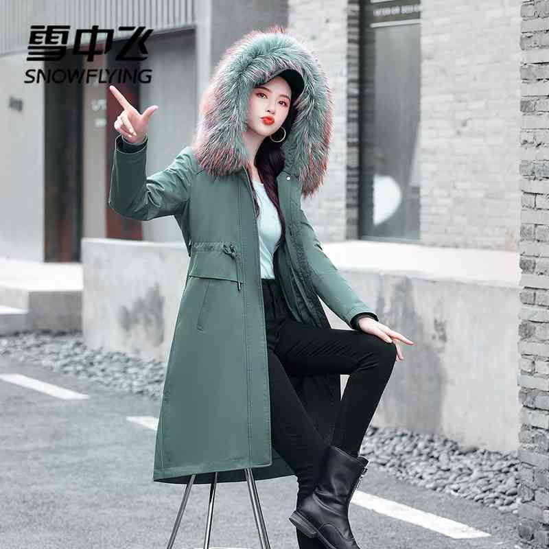 

Xuezhongfei 2021 new down jacket women's winter middle long Korean knee large wool collar waist closing Parka fashion, Black