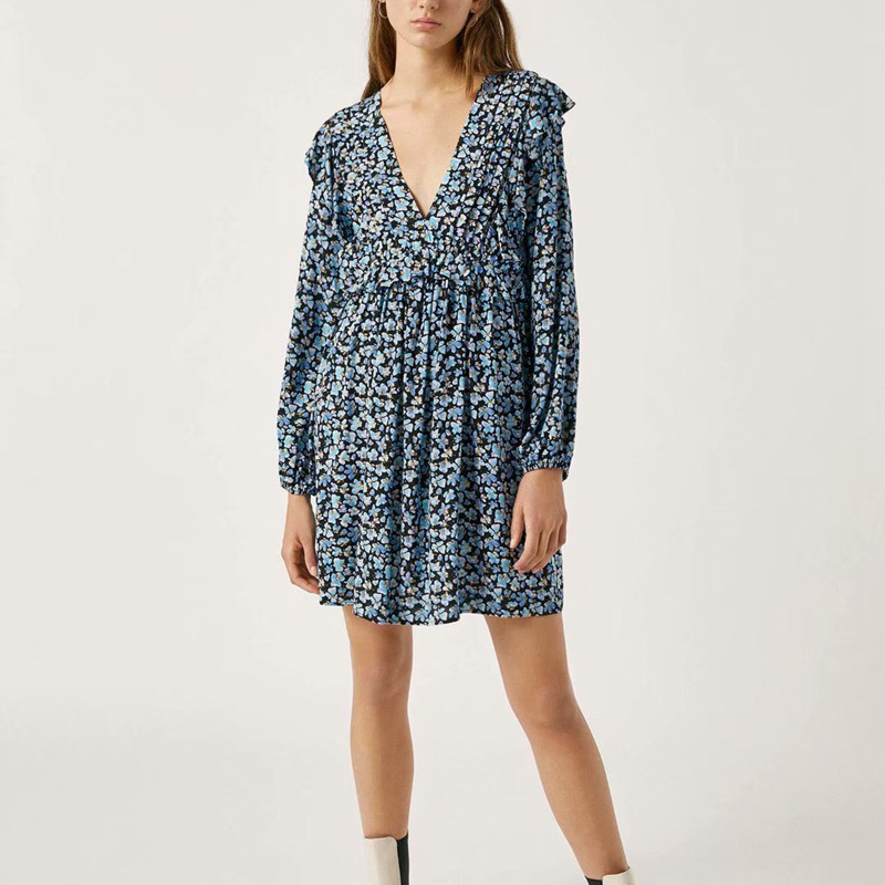 

Women Elegnat Floral Mini Dress Long Sleeve V neck Ruffles Waist Above Knee Party Spring Printed Sweet NX9839 210525, Blue