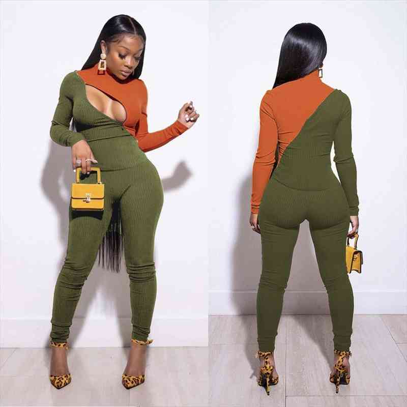 

women jumpsuit frint open up zipper color patchwork skinny knit ribbed playsuit clubwear party night romper overall women, Black;white