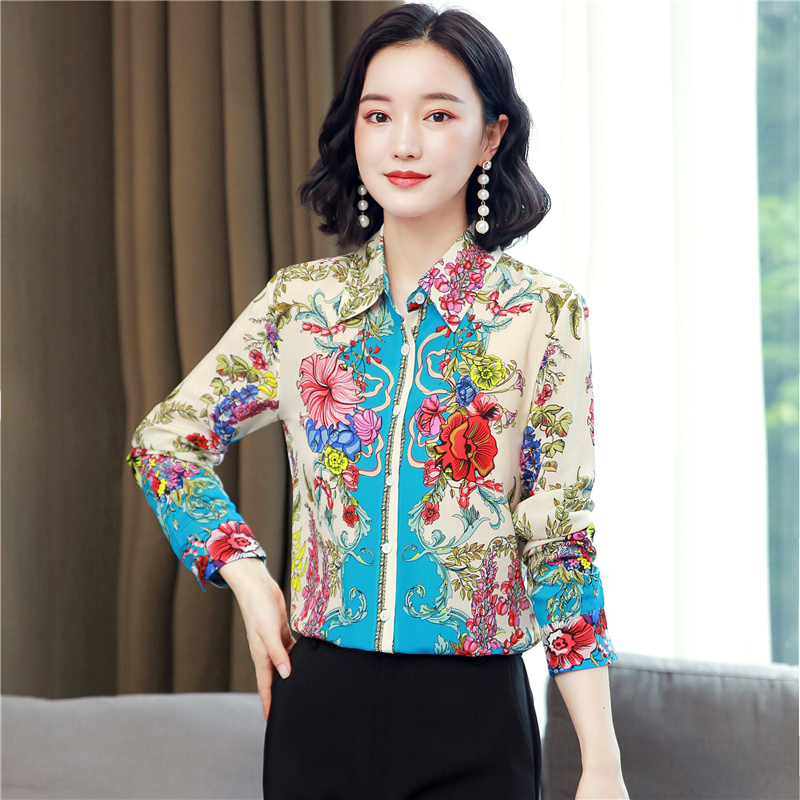 

Luxury Retro Floral Smooth Satin Shirt Women 2021 Lantern Sleeve Urban Elegant Silk Runway Button Up Blouses Spring Autumn Winter Sweet Office Lady Designer Tops