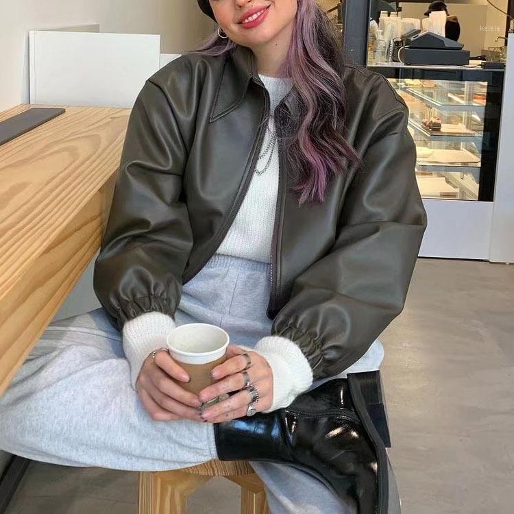 

Women's Jackets Women Slim Short Leather Jacket 2021 Fall/Winter Coat Retro Loose Lapel Top Solid Color Casual Outerwear, Black;brown