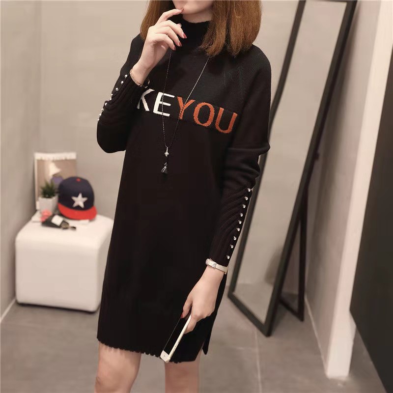 

Korea Style Womens Sweater Dress Autumn Winter Fashion Half Turtleneck Letter Beading Decor Knitted Warm Mini Dress For Women, White