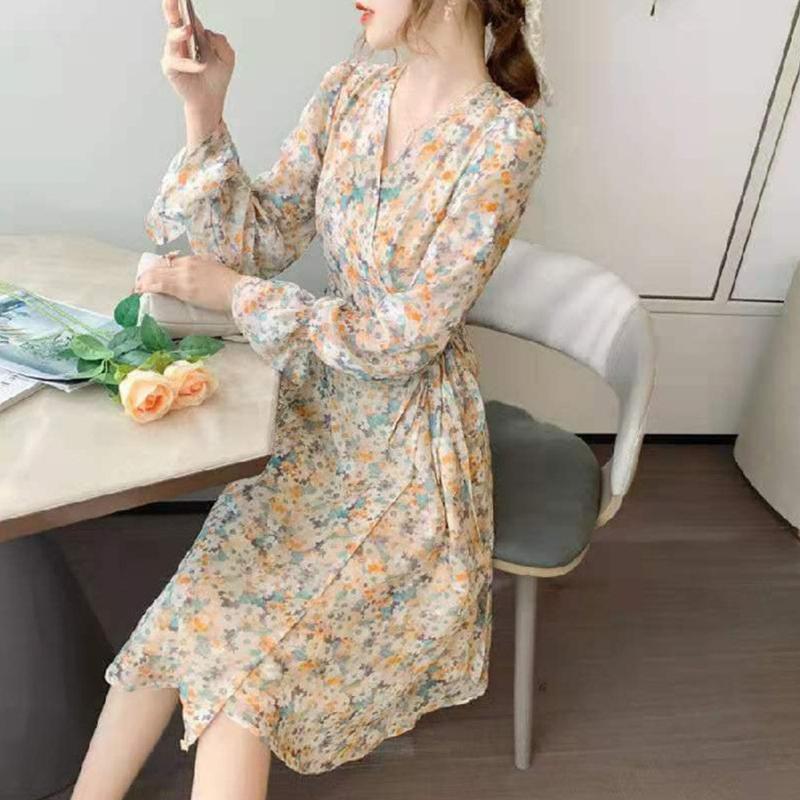 

Casual Dresses Women Knee-length Elegant Long Sleeve Wrap Dress Korean Vintage Retro Floral Print Clothes Asian Size Sweet Swing, Yellow