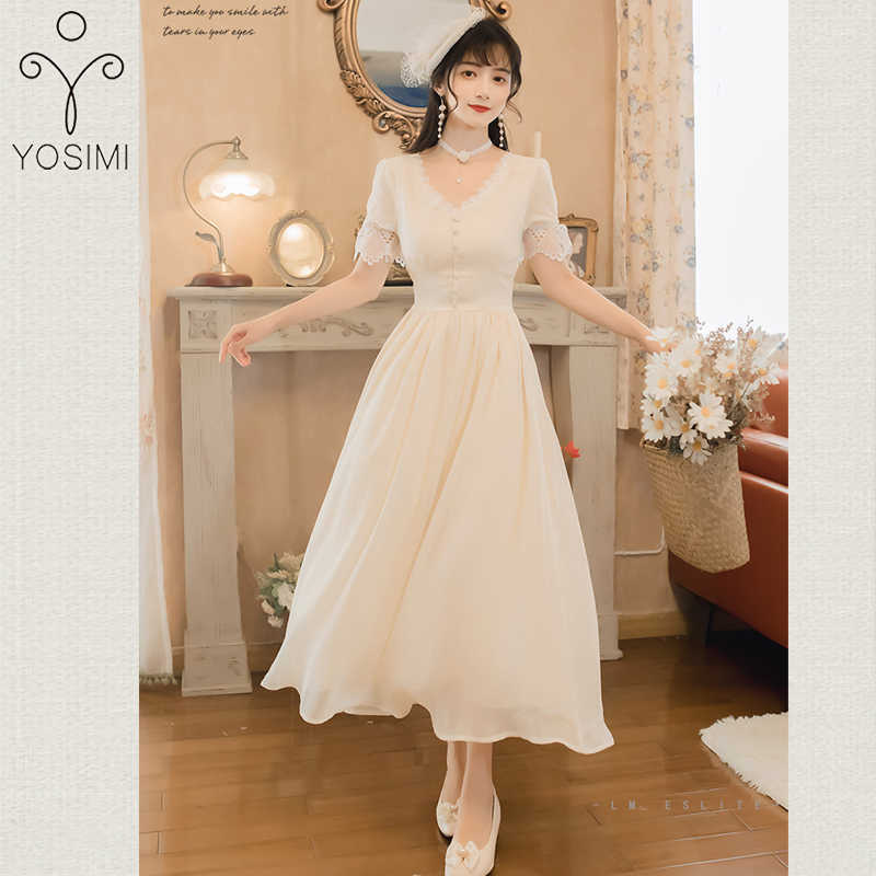 

YOSIMI Women White Chiffon Long Dress Summer Elegant V-neck Mid-calf Fit and Flare Short Sleeve Empire Lace Party Dresses 210604