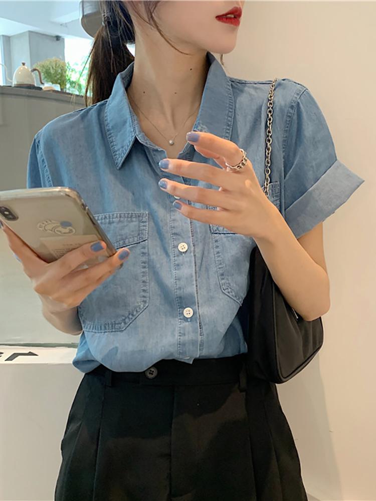 

Women's Blouses & Shirts Niche Thin Denim Jacket Shirt Summer 2021 Korean Style Gentle Short-sleeved Women, White