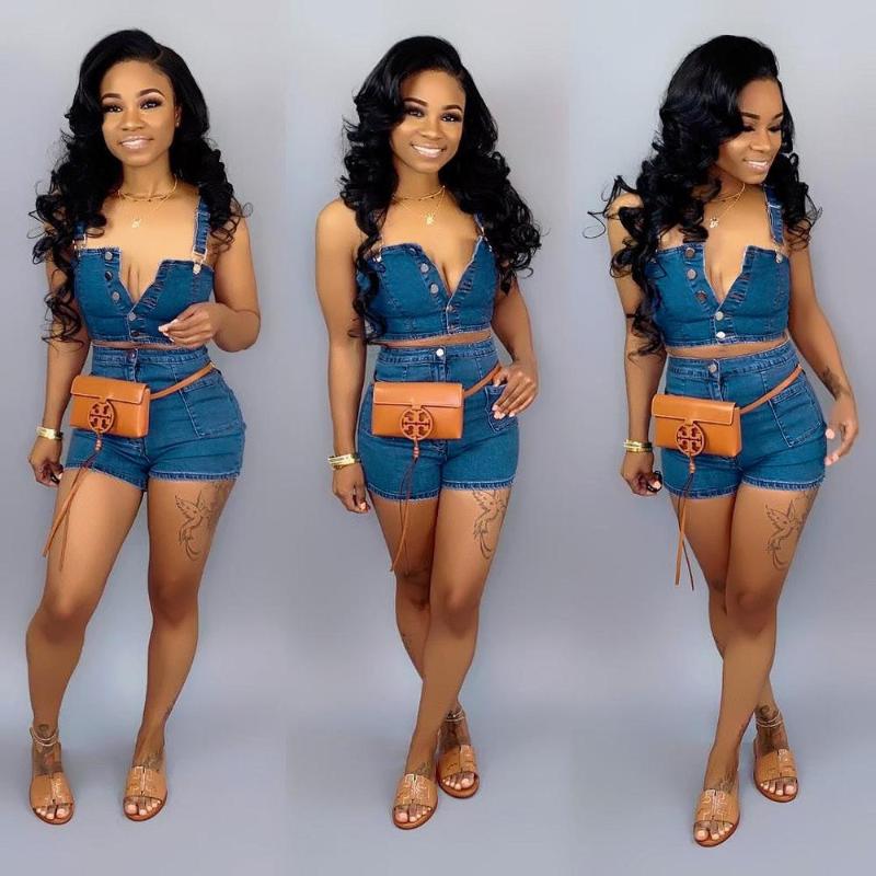 

Sexy Women Two Piece Set Summer Denim Set Sleeveless Jeans Top + Blue Denim Shorts Suit