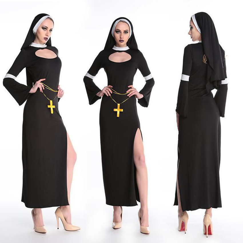 

2021 New European Renaissance Middle Ages Medieval Women Sexy Nun Sister Costumes Masquerade Party Elegant Split Missionary 5ham, One set