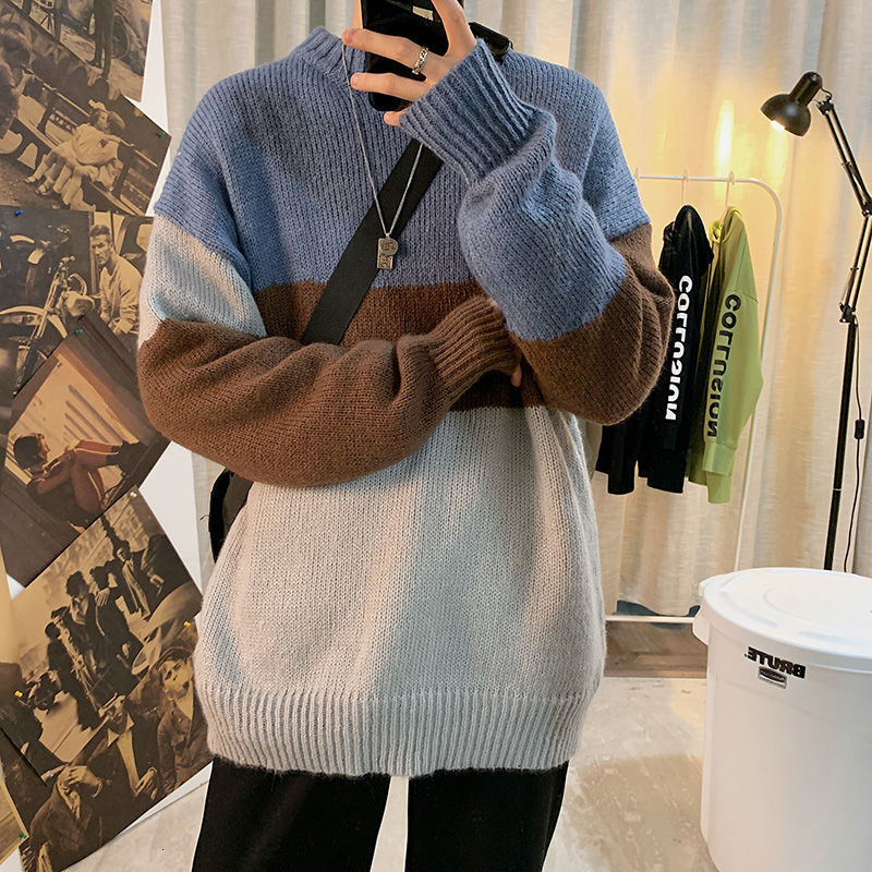 

2021 New Winter Sweater Men's Warm Fashion Hit Color Casual O-neck Knitted Pullover Men Wild Loose Korean Knitting Sweaters Mens Clothes Lpr, Blue