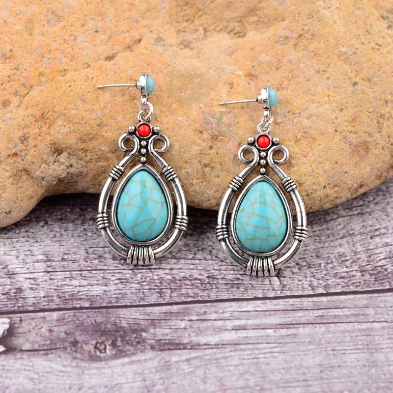 

Dangle & Chandelier Vintage Ethnic Style Casual Pendant Earrings Alloy Silver Color Natural Stone Turquoises Inlaid 2021
